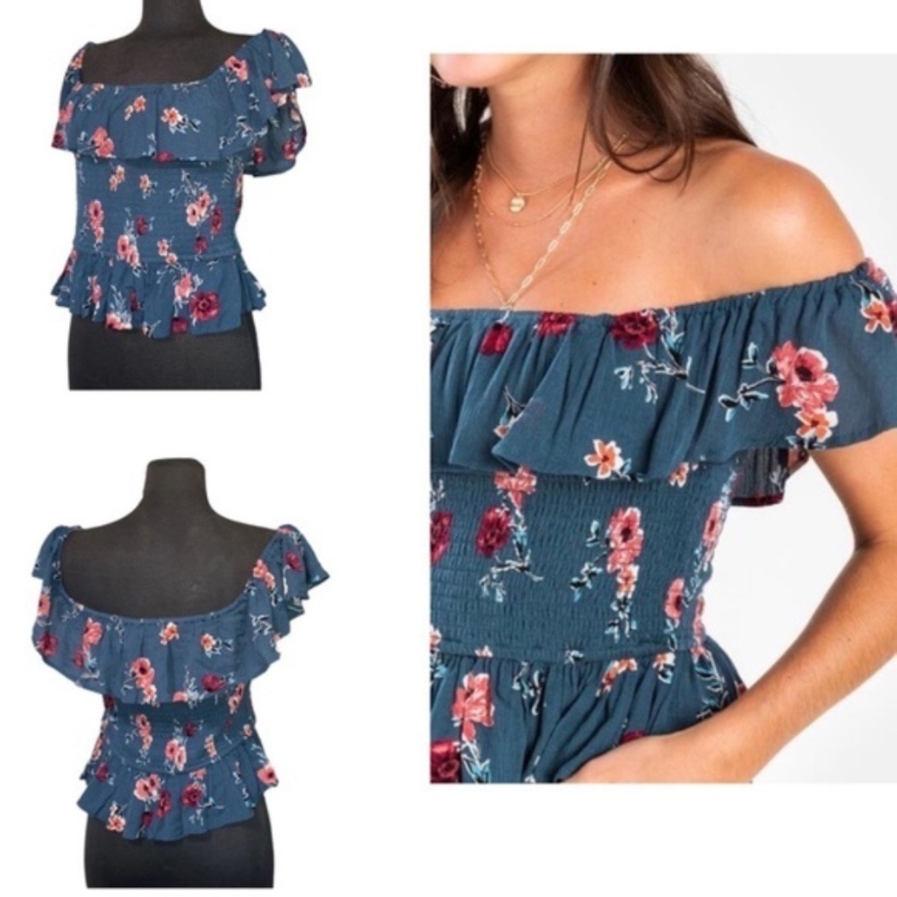 Madewell Smocked‎ Off The Shoulder Cropped Green Floral Top